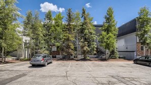 A parking lot with a car, surrounded by trees and a building with a modern design. - Amazing Lake and Mountain Views! (Dillon)