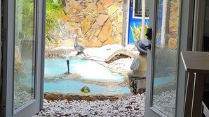 Une porte ouverte donnant sur un mur de pierre, une petite piscine ornée d’une statue et une statue représentant une personne.