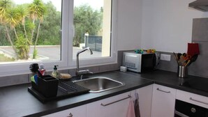 Una cucina moderna con lavandino, piano di lavoro e finestra vista strada con palme.
