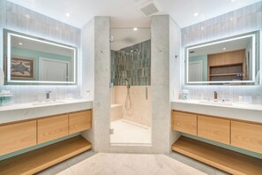 Combined shower/tub, hair dryer, towels, soap