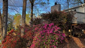 A garden with vibrant pink flowers, a wooden deck, and a building with a chimney. - Azalea Cottage 1Br/1Ba with spacious Deck overlooking LKN and 2 Private docks.   (Mooresville)