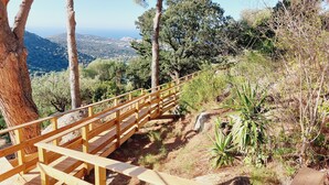Una escalera de madera que sube una colina con vistas al paisaje.