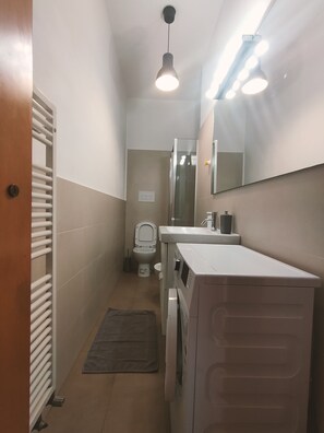 A narrow bathroom with a toilet, sink, and a mirror.