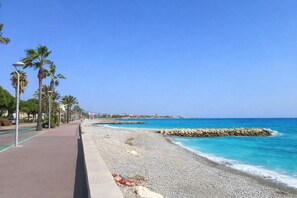 Une promenade en bord de mer, avec une plage de galets, des palmiers et un ciel bleu azur.