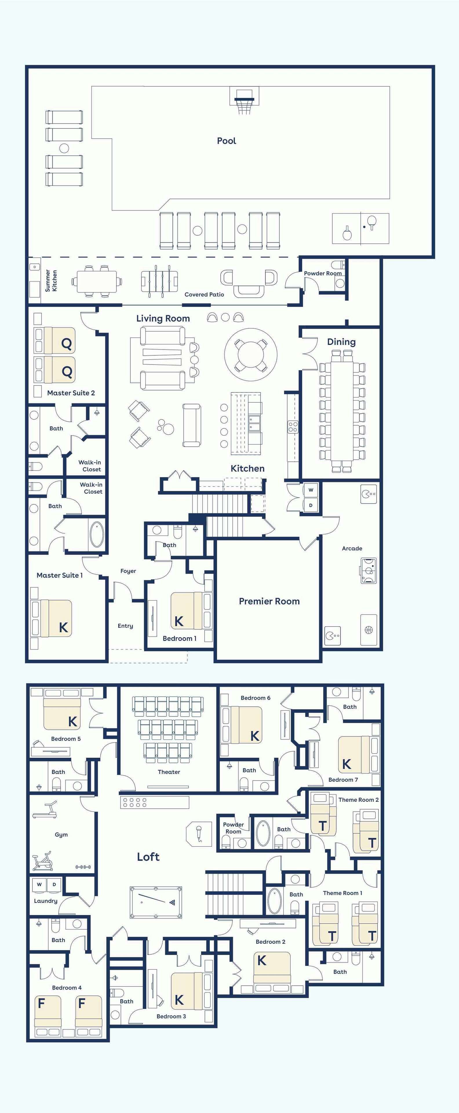 A hotel floor plan with a pool, dining area, covered patio, and multiple bedrooms.