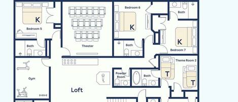 A hotel floor plan with a pool, dining area, covered patio, and multiple bedrooms.