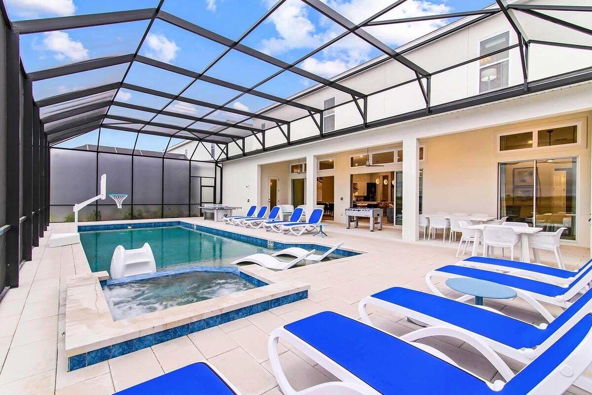 Outdoor pool, a heated pool, pool loungers