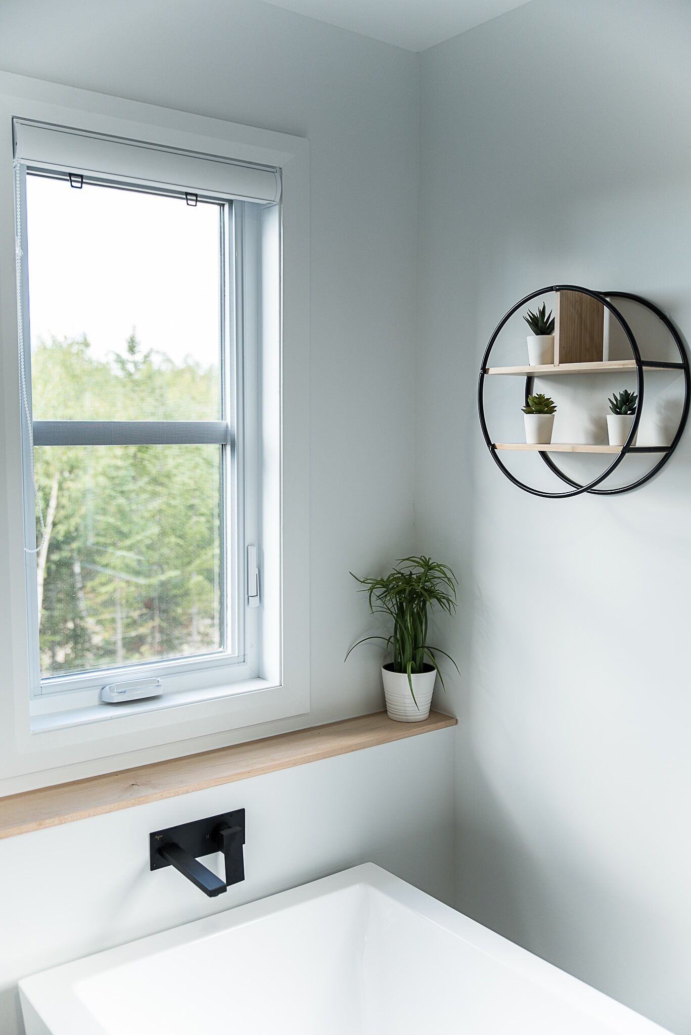 A bathroom with a window, a white sink, a wooden shelf, and a wall-mounted plant shelf.