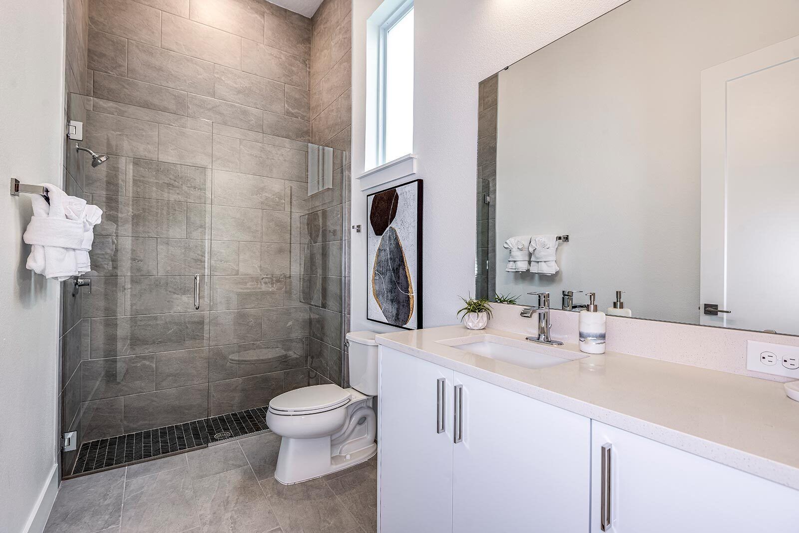 A modern bathroom with a glass shower, a toilet, a sink, and a large mirror.