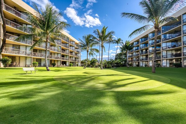 A hotel with multiple balconies, a well-maintained lawn, and palm trees.