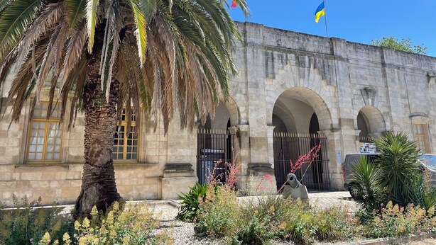 Un edificio histórico de piedra con arcos, una palmera y una bandera.