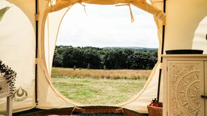 A tent with a view of a grassy field and trees. - Luxury Tent-Peaceful Meadow-Firepit-Superb Views.Dogs WiFi-Beaches 10 mins SAUNA (Truro)
