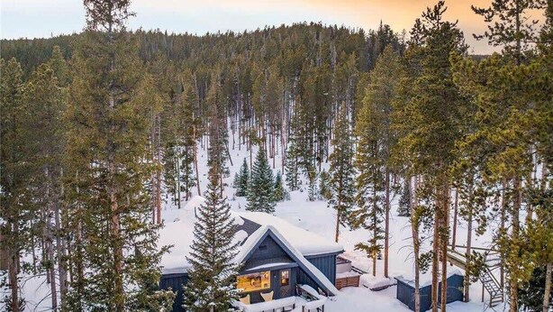 Une cabane entourée de grands pins, avec un toit et une terrasse couverts de neige.