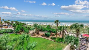 A resort with a view of the beach, palm trees, and a pool area. - 🌟Oceanfront | Awesome Amenities | Great Views | Carolina Dunes 204🌟 (Myrtle Beach)