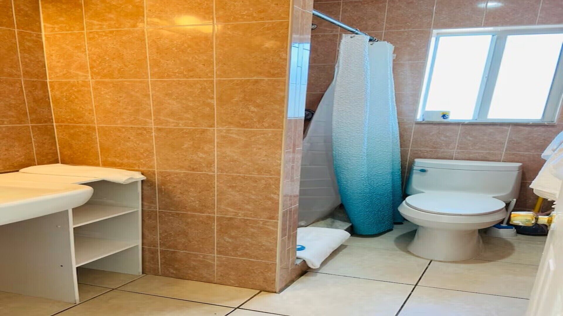 A bathroom with a toilet, a sink, and a shower curtain.
