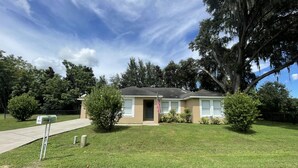 A single-story house with a front yard, a mailbox, and an American flag.