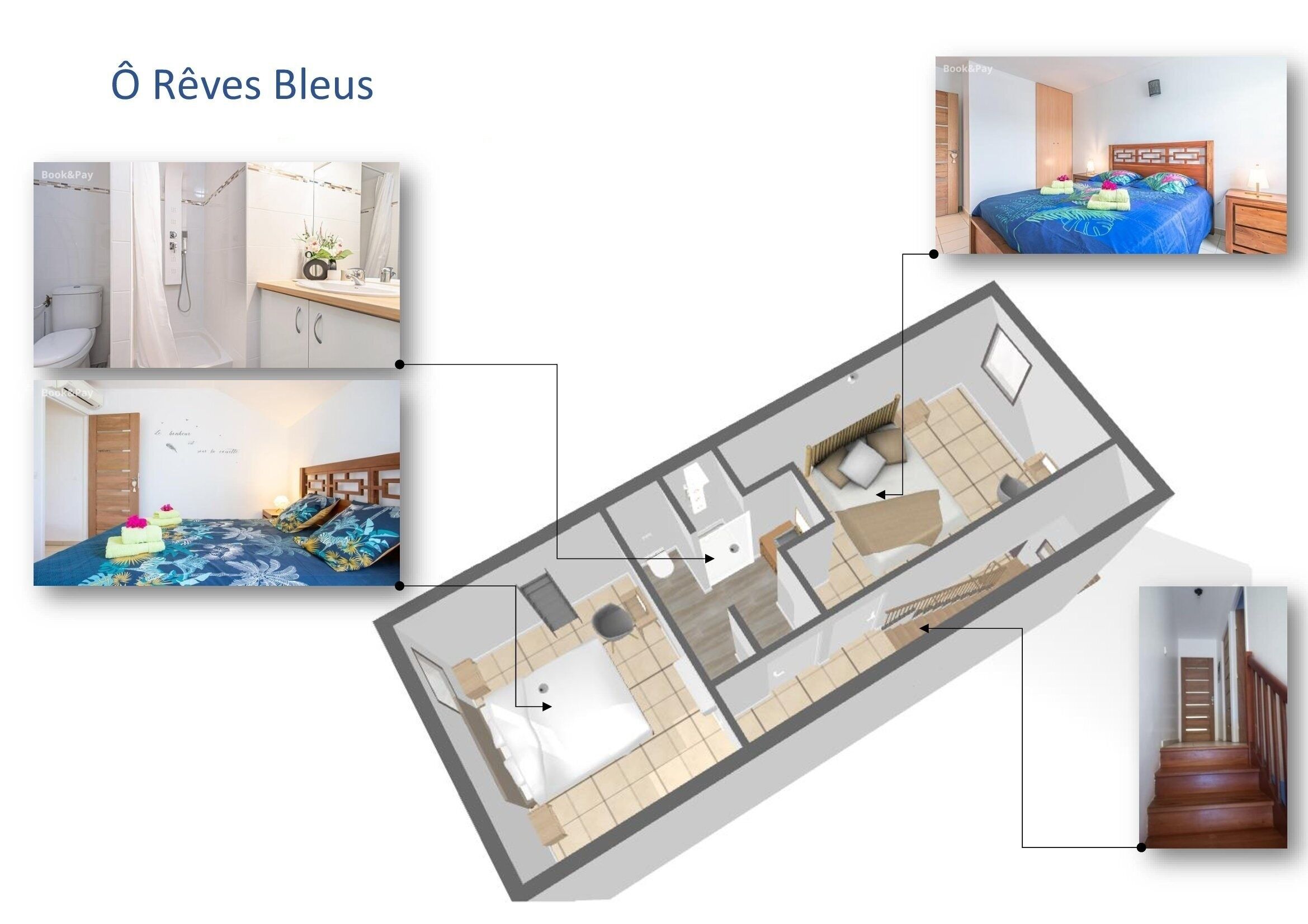 Distribución de una habitación de hotel con baño, dormitorio, sala de estar y una escalera.