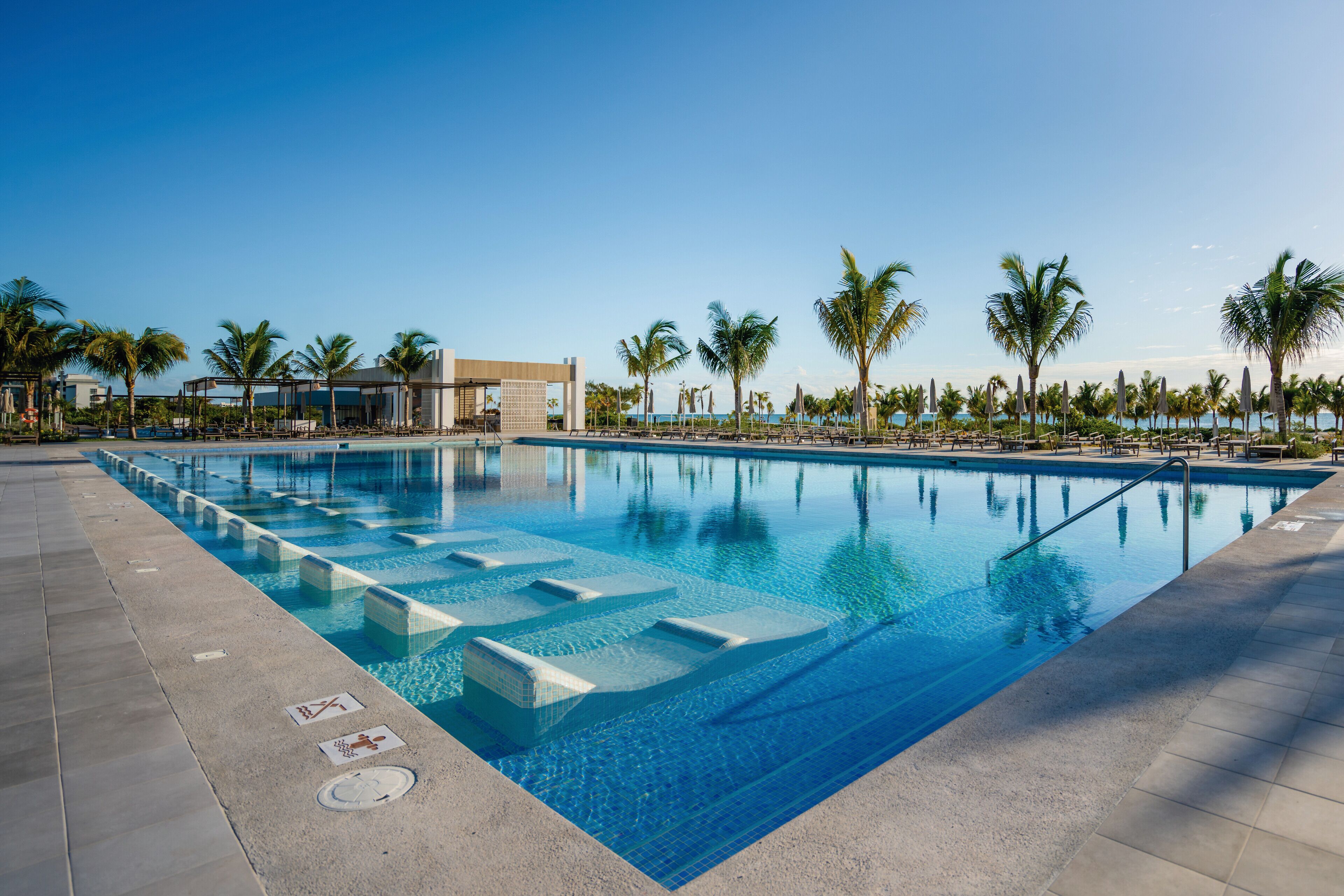 Una piscina rectangular con agua cristalina azul, rodeada de palmeras y un solárium con baldosas.