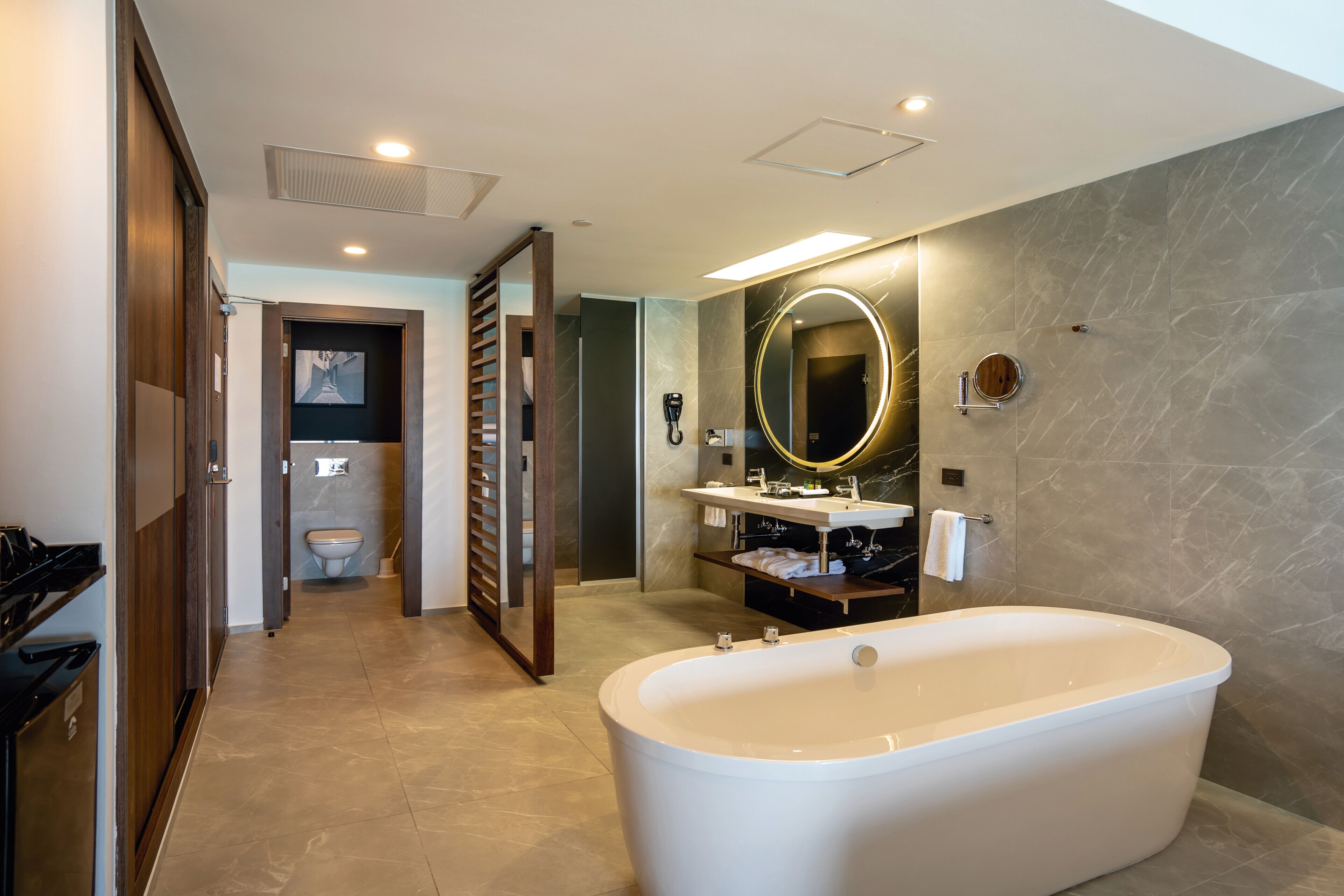 Une salle de bain moderne avec une baignoire sur pieds, un meuble-lavabo avec un miroir et des toilettes visibles au fond.