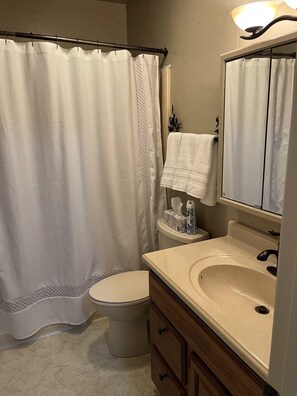 A bathroom with a toilet, sink, and shower curtain.