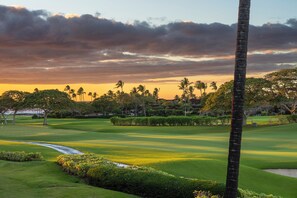 Un parcours de golf avec un tracé bien défini, des palmiers et un ciel au coucher du soleil.
