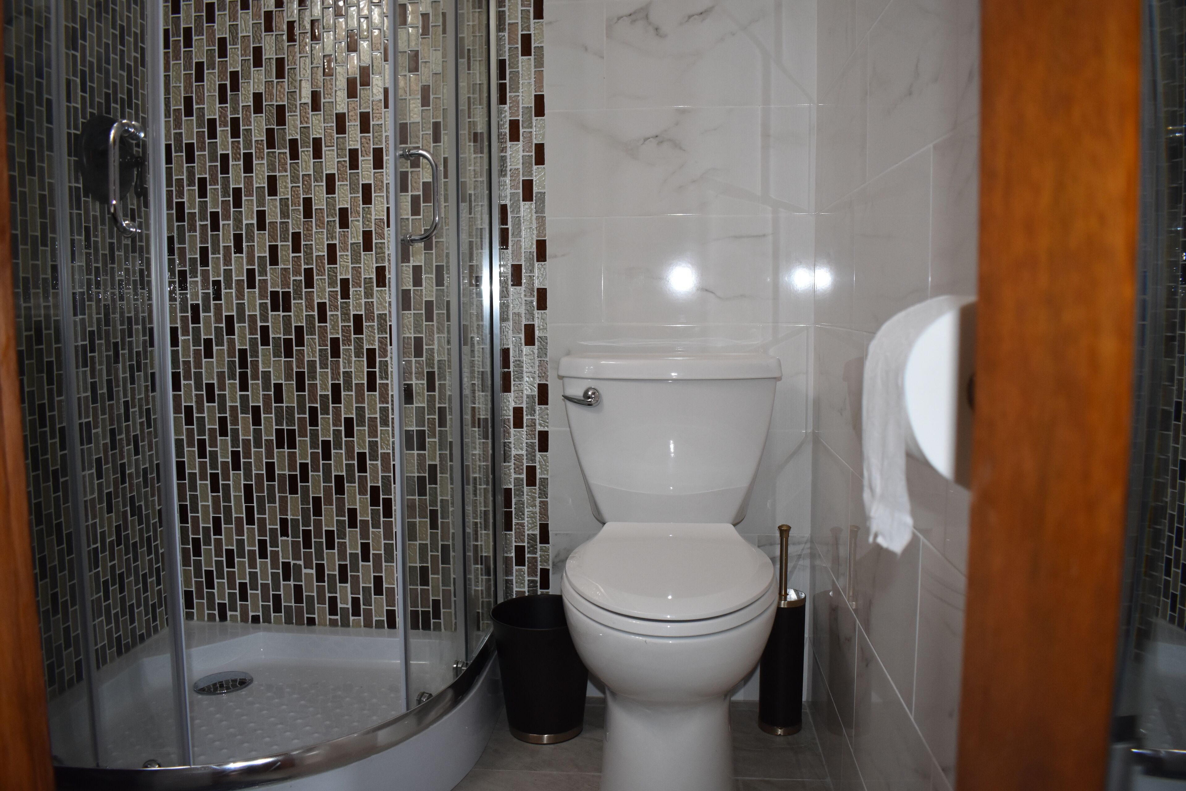 Douche, serviettes fournies, savon, shampoing