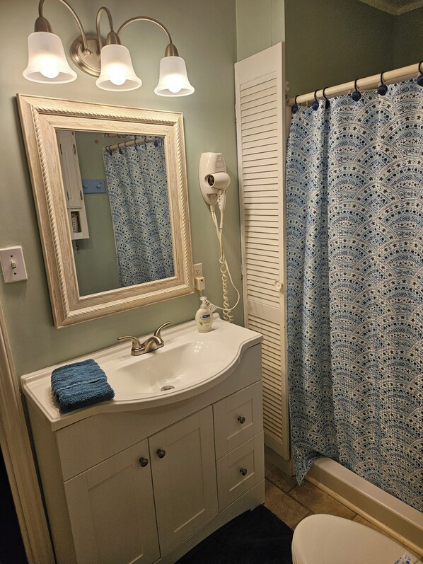 A bathroom with a white sink, a mirror with a decorative frame, a hairdryer mounted on the wall, and a patterned shower curtain.