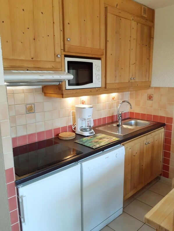 Fridge, microwave, dishwasher, coffee/tea maker