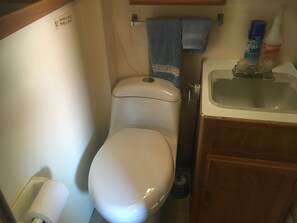 Een compacte badkamer met toilet, een klein wastafeltje en een toiletrolhouder.
