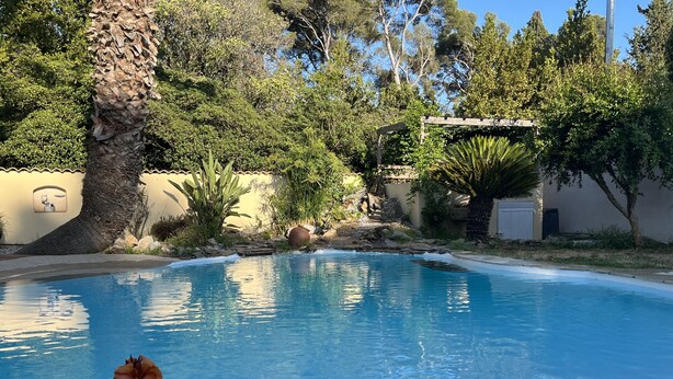 A swimming pool with a stone border, surrounded by greenery and a stone wall. - Villa with private pool - garden - family vacations near the sea (La Garde)