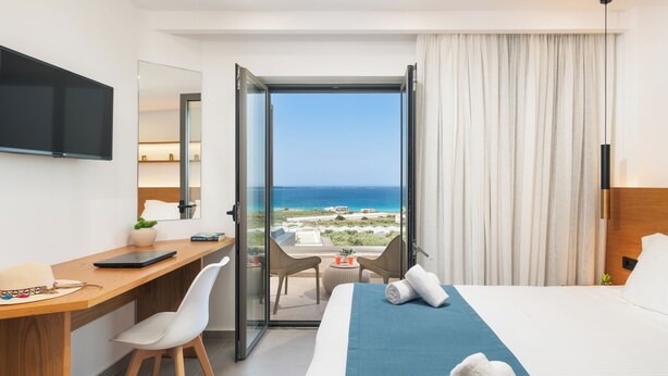 Quarto de hotel com cama, escrivaninha, cadeira, televisão e varanda com vista para o mar.