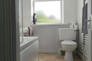 Combined shower/tub, hair dryer, towels