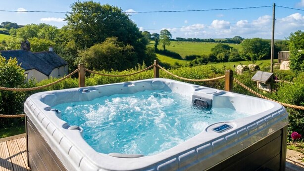 A hot tub surrounded by a wooden deck, with a rural landscape in the background.