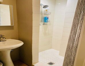 Bathtub, hair dryer, towels, toilet paper