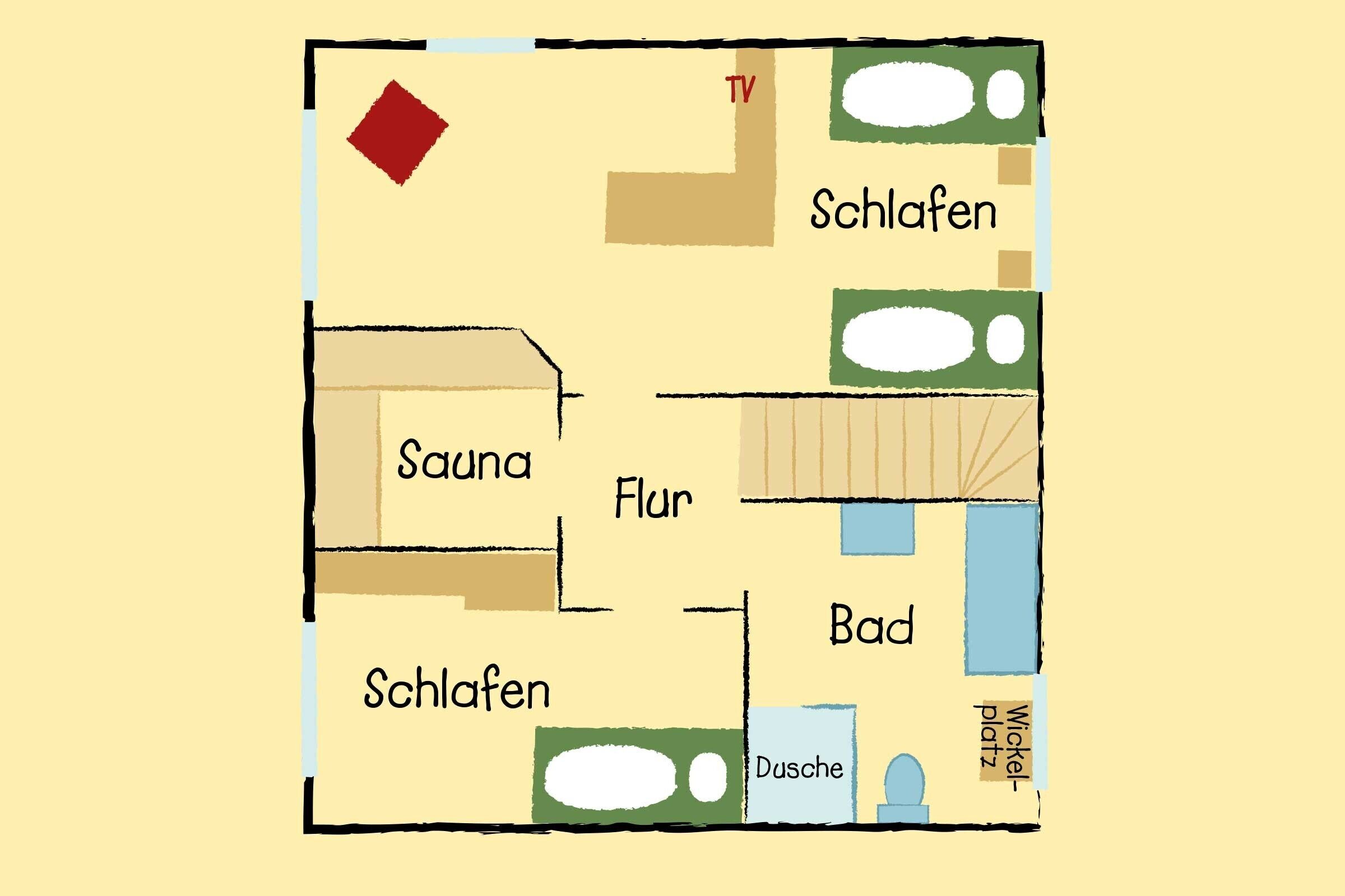 A floor plan with a sauna, two bedrooms, a bathroom, a living room, and a TV.
