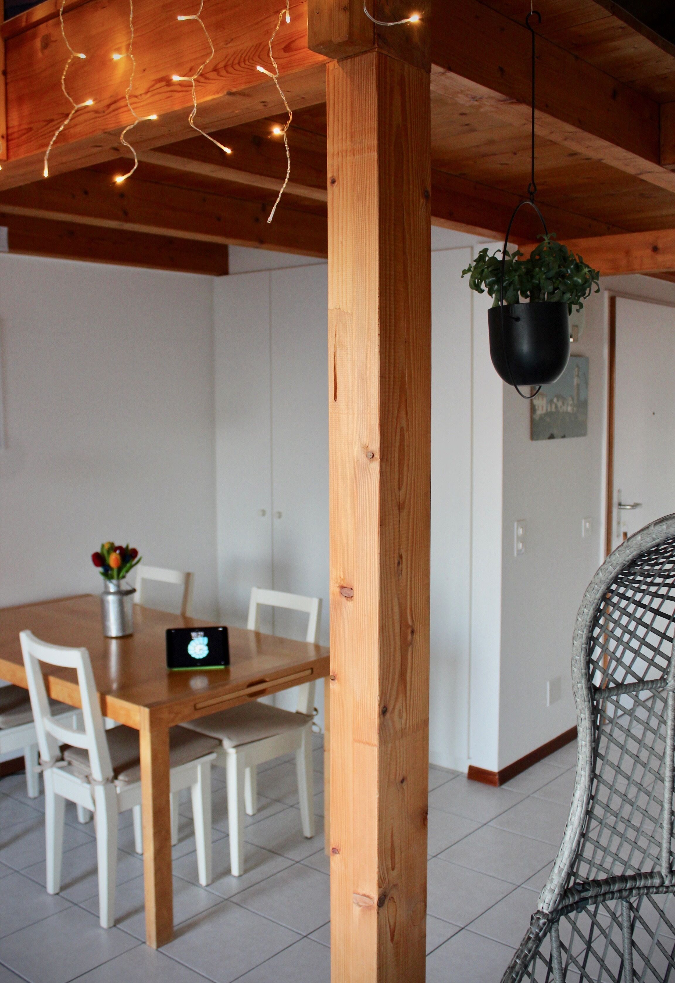 Une table à manger en bois, avec des chaises, une plante en pot et une tablette posée sur la table.