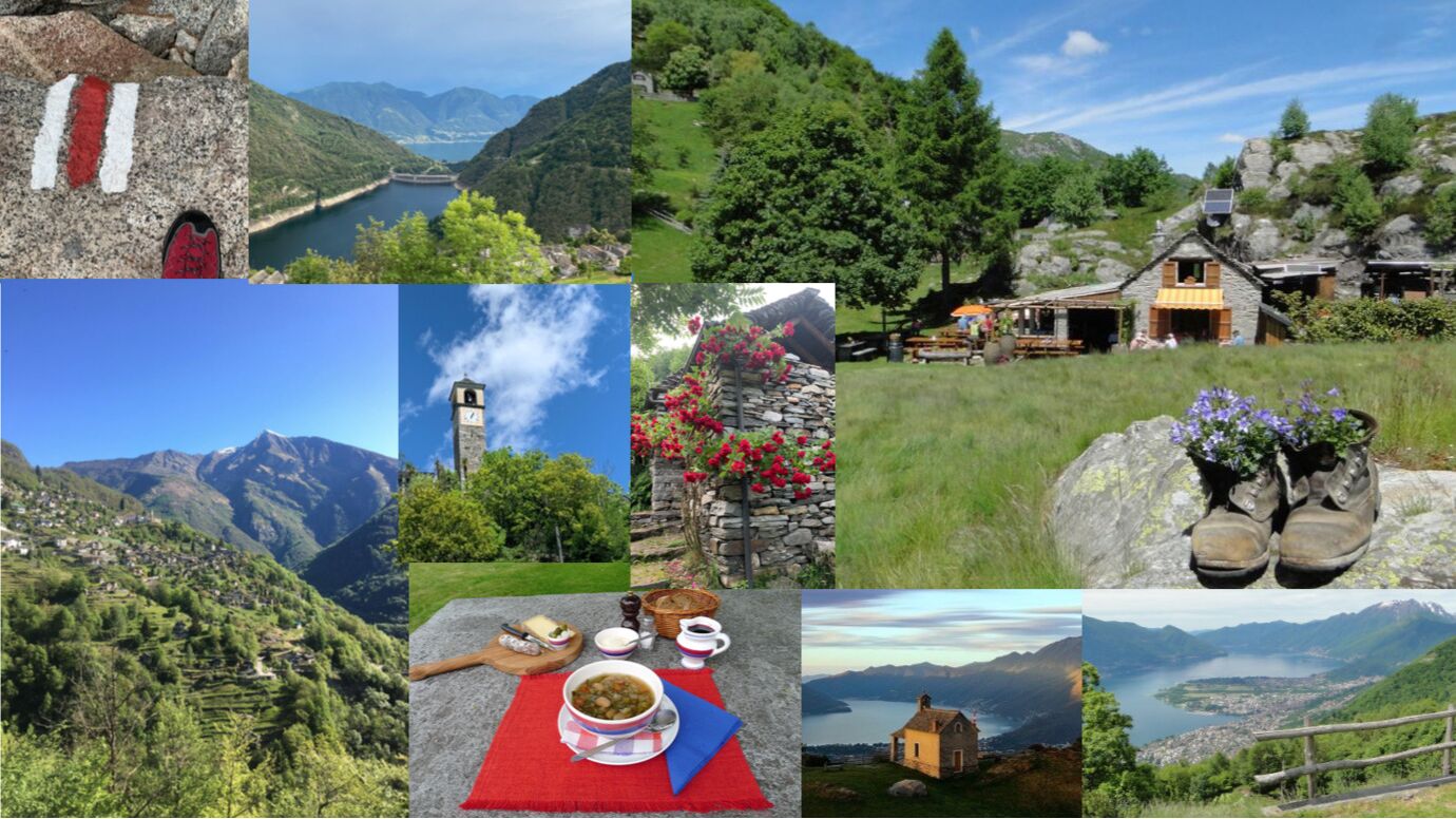 A rustic mountain cabin with a stone exterior, a wooden deck, and a view of a lake and mountains.