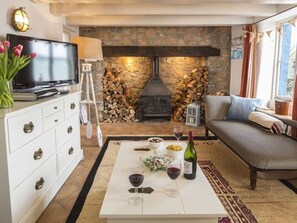 TV, fireplace, DVD player, books