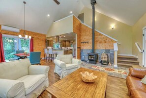 Smart TV, fireplace, DVD player, foosball