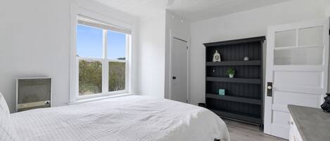 A bedroom with a large bed, a ceiling fan, a window with a view, a dark wooden bookshelf, and a white door.