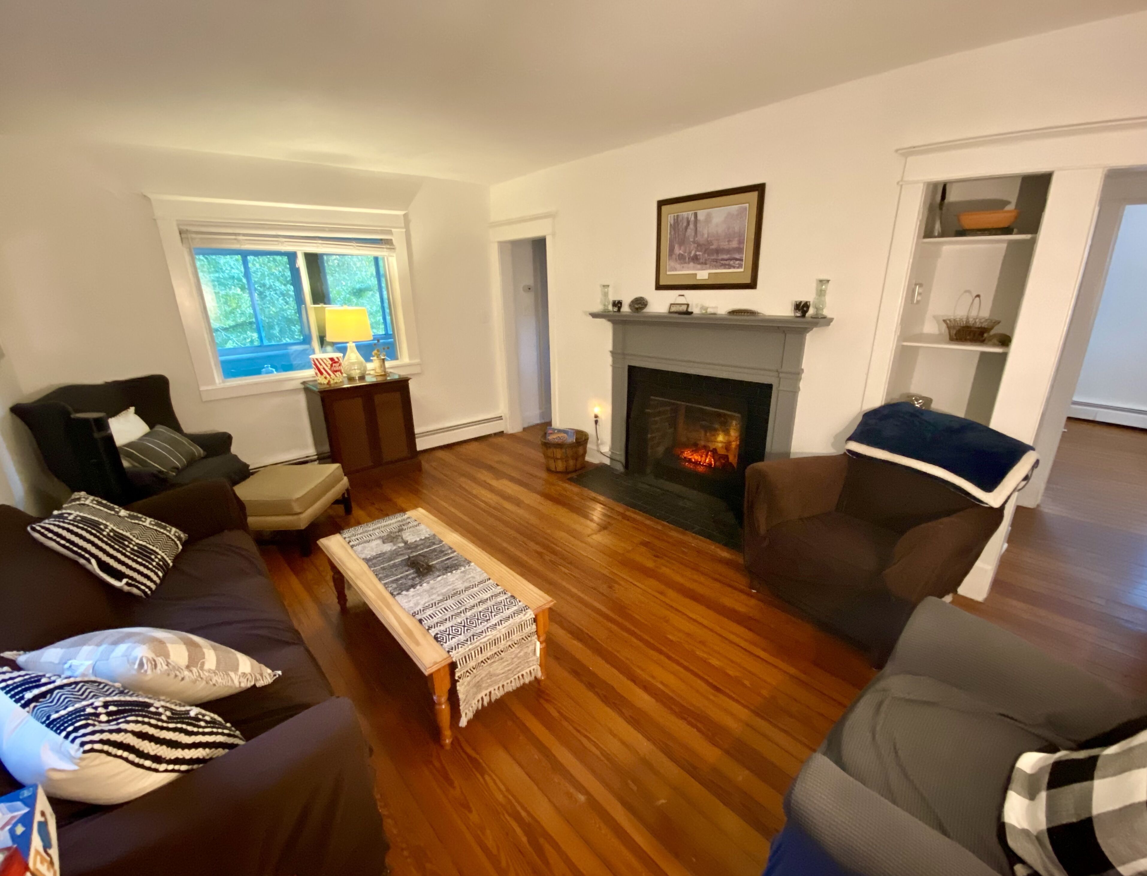 Smart TV, chimenea y libros 