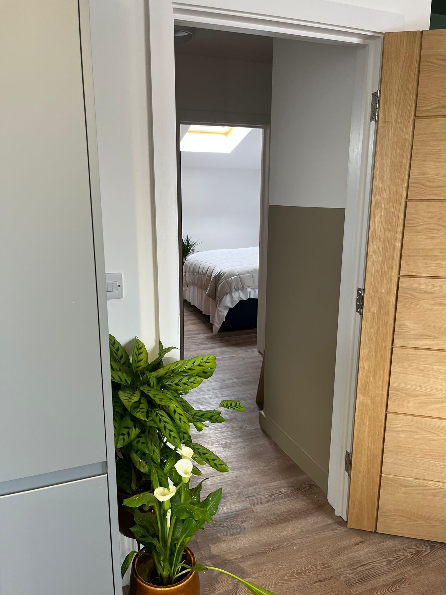 A narrow hallway with a potted plant, a bed with a white duvet, and a wooden door.
