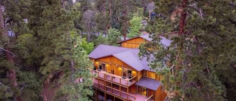 Une cabane en bois dotée d’un balcon, entourée d’une forêt dense.