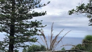 A wooden staircase leading up to a balcony with a view of the sea and surrounding vegetation.