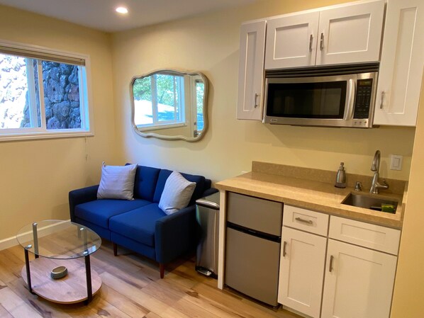 Cozy living space with a kitchenette, sofa, and decorative mirror.