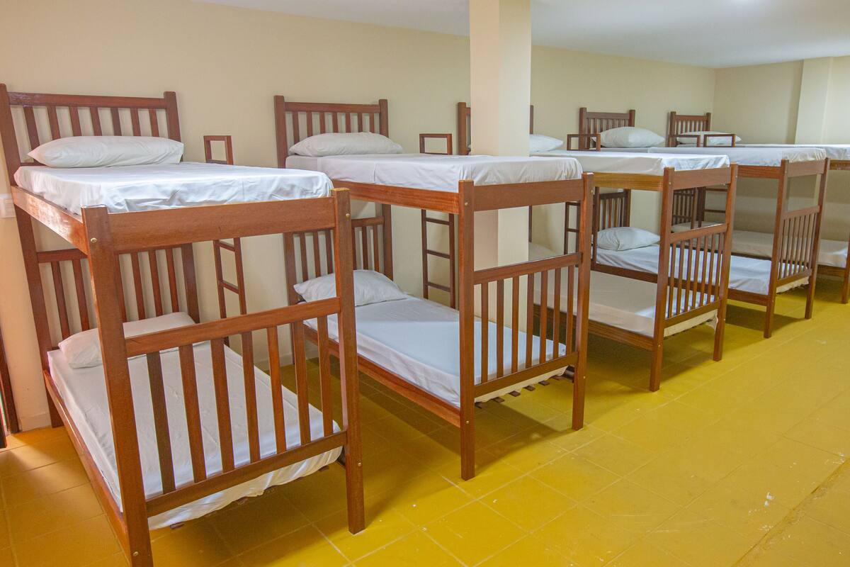 A row of bunk beds in a room with yellow flooring.