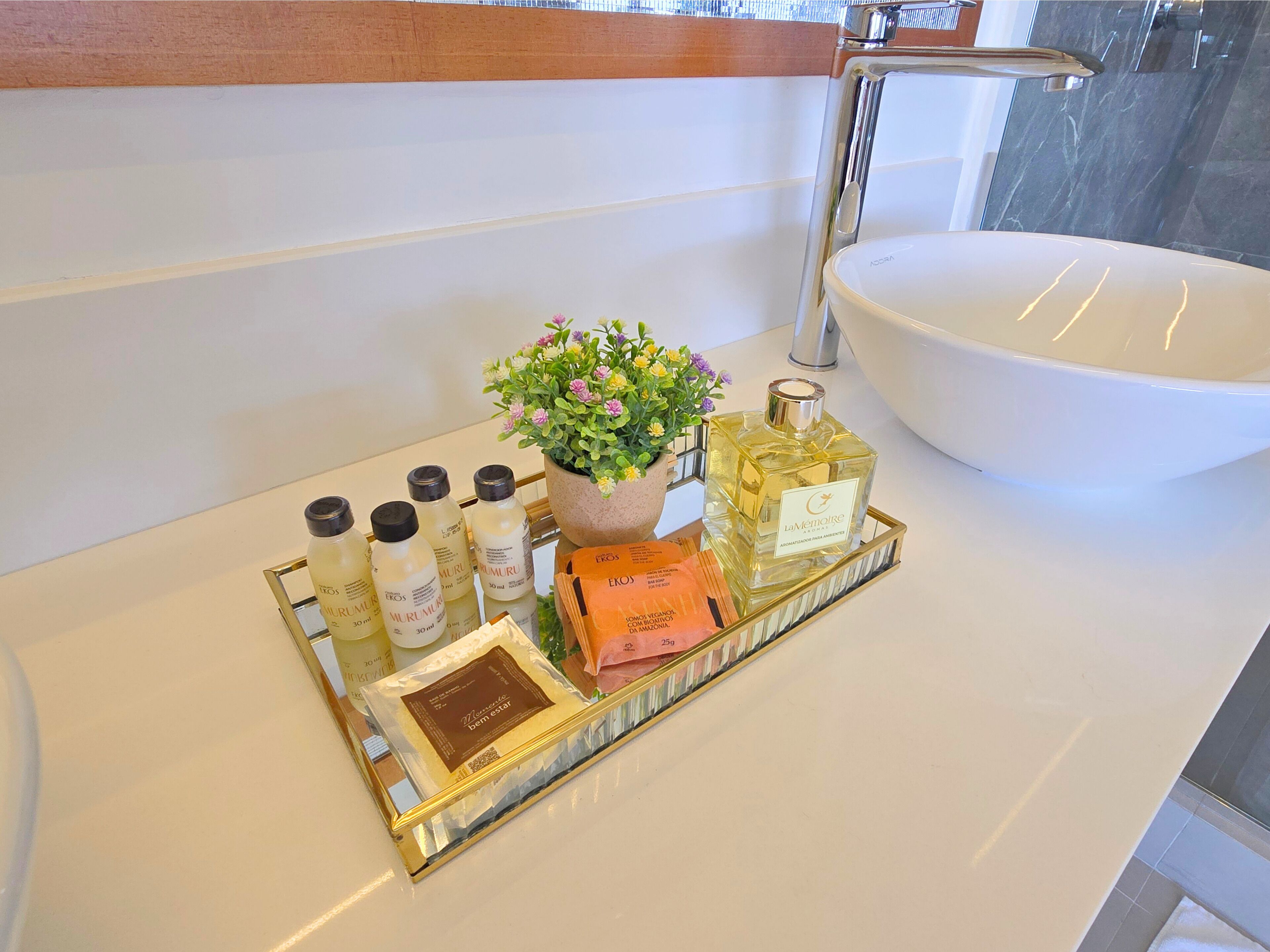 A bathroom vanity with a white sink, a potted plant, and a tray holding toiletries including bottles and a bar of soap.