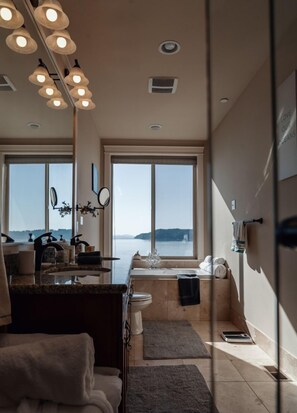 Combined shower/bathtub, free toiletries, hair dryer, towels