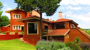 Une maison à deux étages, avec une façade en briques rouges, une grande fenêtre et un jardin bien entretenu où poussent différentes plantes et fleurs.