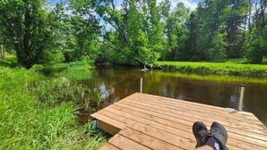 Une jetée en bois s’étendant dans un fleuve paisible, bordée d’une végétation luxuriante et d’arbres.